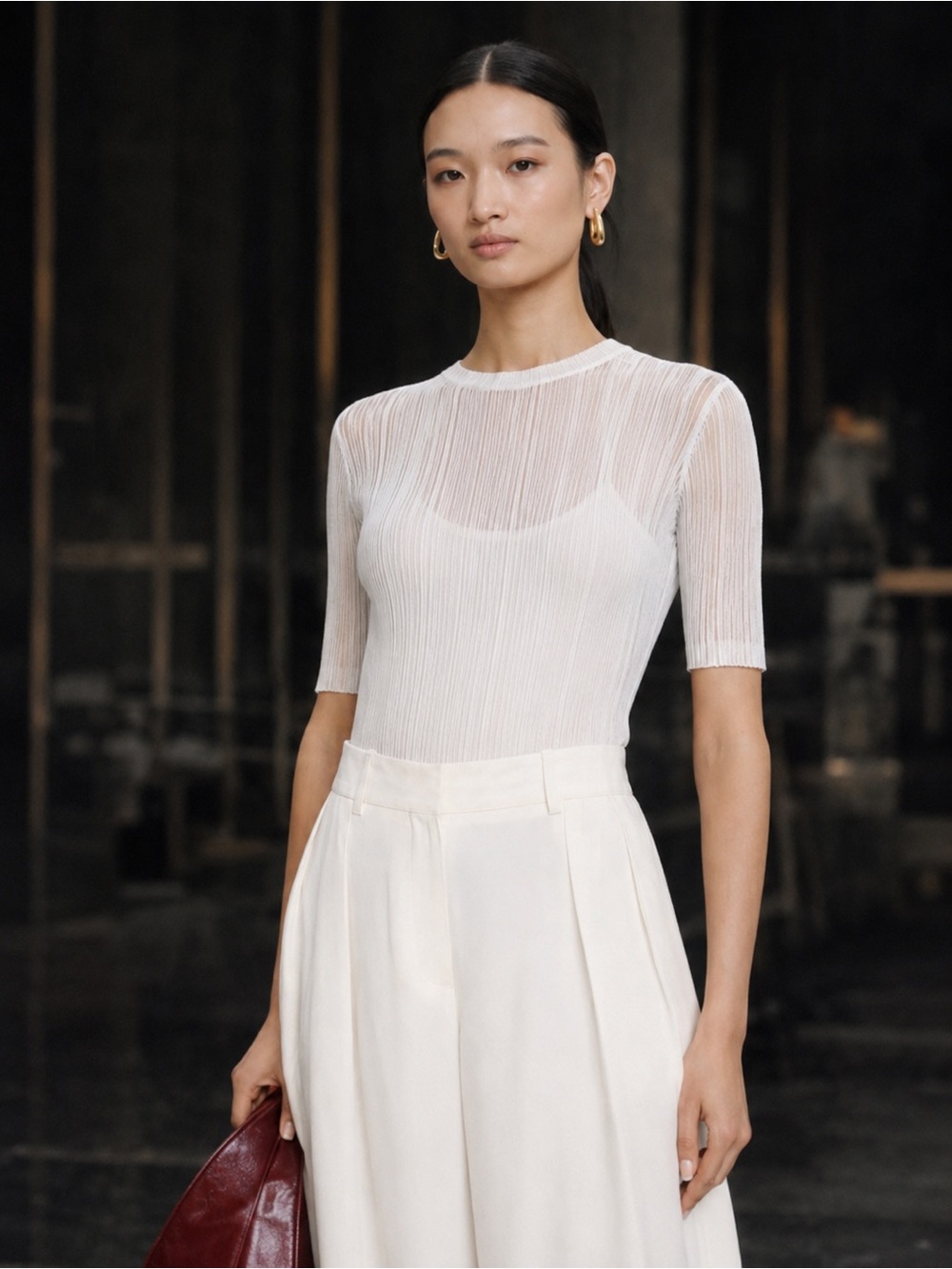 Vince Double Layer Rib-Knit Top Sheer Short Sleeve Optic White M Italy